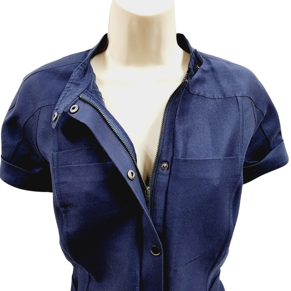 Halston Heritage Navy Blue Utility Zip Front Mini Dress Short Sleeve Size 4 - Picture 2 of 10